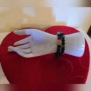 Beaded Chakra Stretch Bracelet Set with Black Matte and Multicolor Gem Beads